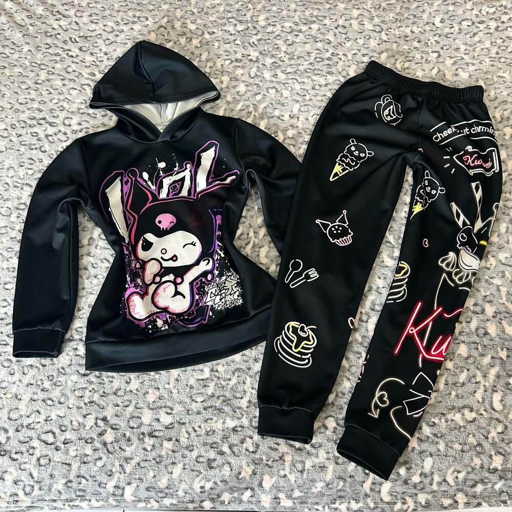 Sanrio Kuromi Graffiti Print Black Hoodie And Sweatpants Set